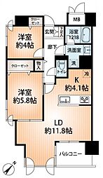 コスモシティ三宮東 2LDKの間取図画像