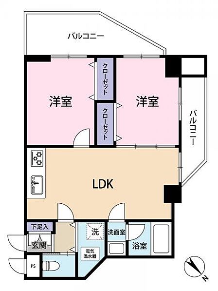 専有面積51.66平米の2LDK、2面バルコニーの開放感