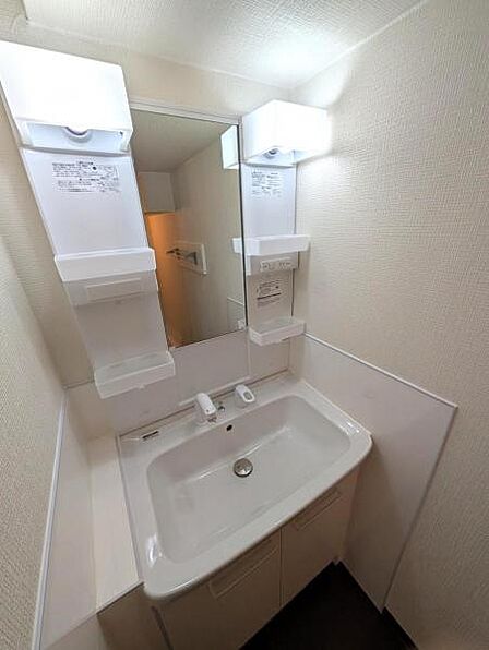 新規交換の洗面化粧台、大きな鏡・広い水受けがあり使い勝手も良好
