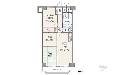 間取りは専有面積60.48平米の2SLDK。LDK約10.7帖の縦長リビングのプラン。LDKと洋室・和室がそれぞれ続き間で、生活シーンに合わせてフレキシブルに利用できるのがポイントです。