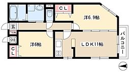 エクセレント星が丘 3階2LDKの間取り