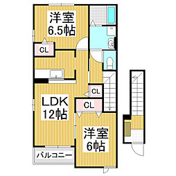 ブライト・ヒルサイドIV 2階2LDKの間取り