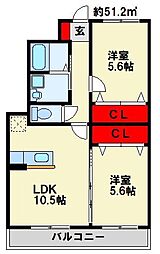 エスポワールISHIBASHI 2LDKの間取図画像
