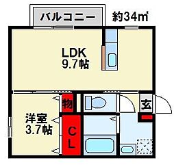 門司港レトロおおくぼの森B 1LDKの間取図画像