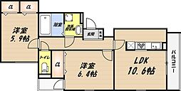ユニゾン安満 B棟 2LDKの間取図画像