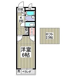 東武東上線 若葉駅 徒歩18分の賃貸アパート 2階1Kの間取り