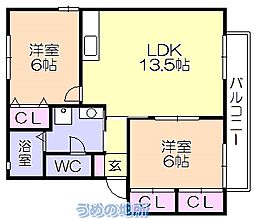 サンハイツAKIYAMA.A 2LDKの間取図画像