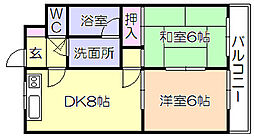 日宝サンセーヌ六ツ門 2DKの間取図画像