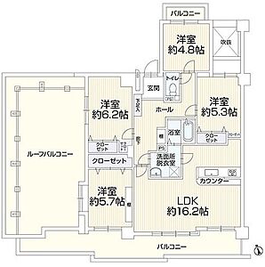 間取り:広々としたルーフバルコニー付き、南向きLDK約16.2帖の3LDK+Sプラン。各居室に収納も完備しています。 間取り:広々としたルーフバルコニー付き、南向きLDK約16.2帖の3LDK+Sプラン。各居室に収納も完備しています。