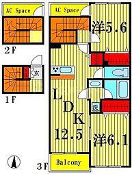 JR総武線 亀戸駅 徒歩10分の賃貸アパート 3階2LDKの間取り