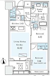 東京メトロ有楽町線 市ケ谷駅 徒歩9分の賃貸マンション 3階2LDKの間取り