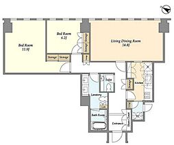 東京メトロ丸ノ内線 赤坂見附駅 徒歩1分の賃貸マンション 27階2LDKの間取り