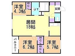 札幌市営東西線 ひばりが丘駅 徒歩7分の賃貸マンション 4階3LDKの間取り