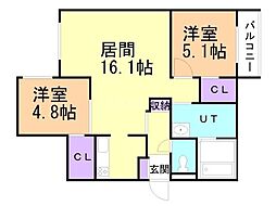 札幌市営東西線 ひばりが丘駅 徒歩7分の賃貸マンション 4階2LDKの間取り