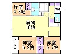 札幌市営東西線 ひばりが丘駅 徒歩7分の賃貸マンション 3階3LDKの間取り