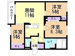 JR函館本線 厚別駅 徒歩5分の賃貸マンション 3階3LDKの間取り