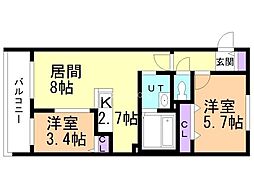 札幌市豊平区月寒西二条6丁目マンション 2LDKの間取図画像