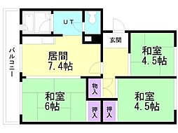 札幌西月寒団地6 3DKの間取図画像