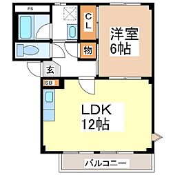 エバーグリーン・ハイムB 1LDKの間取図画像