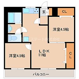 第16上野ビル 2LDKの間取図画像