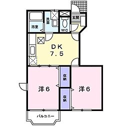 プルメリア A 1階2DKの間取り