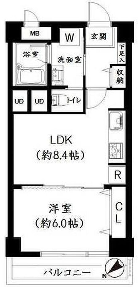 約8.4帖のLDKと約6.0帖の洋室が隣接する1LDKの間取りで、玄関には下足入と収納を備えており、バス・トイレ別の洗面室や洋室のクローゼットなど各所に収納スペースが配置されています。