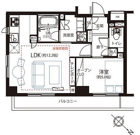 約12.2帖のLDKと約5.0帖の洋室を備えた1LDKの間取りで、LDKには床暖房や壁面棚が設置されており、洋室のオープンクローゼットや廊下の物入など各所に収納スペースが配置されています。