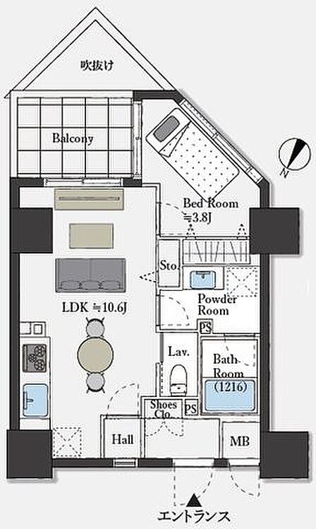 約10.6帖のLDKと約3.8帖の洋室を備えた間取りで、洗面室や浴室などの水回りが独立配置されており、玄関周りにはシューズクローゼットや各種収納スペースがしっかりと確保されています。