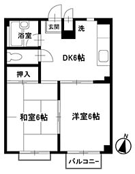 セラミックハイツ鶴見B 2DKの間取図画像