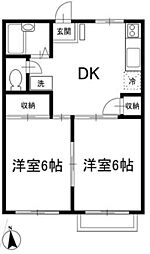コート平塚A棟 2DKの間取図画像