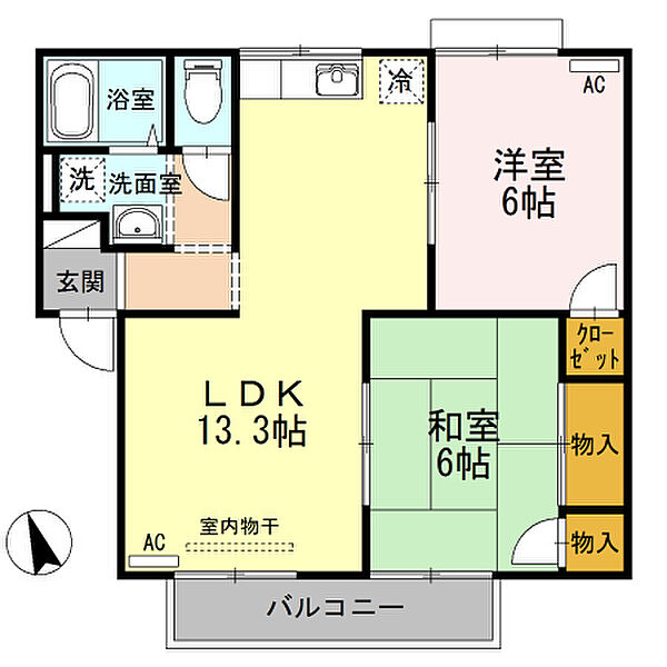 セジュールサバス　C棟 202｜鳥取県米子市西福原5丁目(賃貸アパート2LDK・2階・56.10㎡)の写真 その2