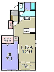 リアン　レーヴII 1階1LDKの間取り