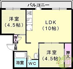 ドミールサニー君影1号棟 2LDKの間取図画像