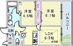 プレサンスTHE神戸 2LDKの間取図画像