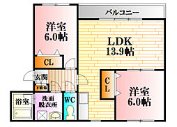 広島県広島市安佐北区大林1丁目の賃貸マンション 3階2LDKの間取り