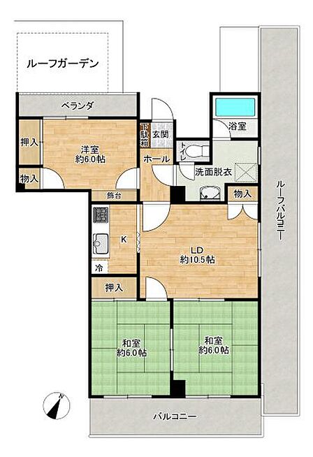 南西角部屋の日当たり良好の間取り