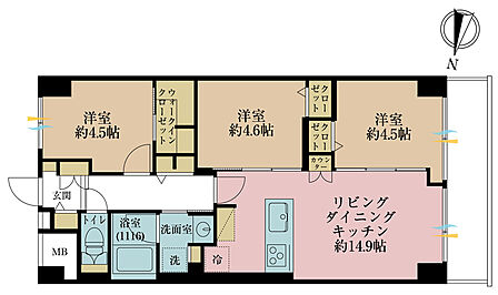 3LDK、専有面積61.6平米、バルコニー面積7.84平米