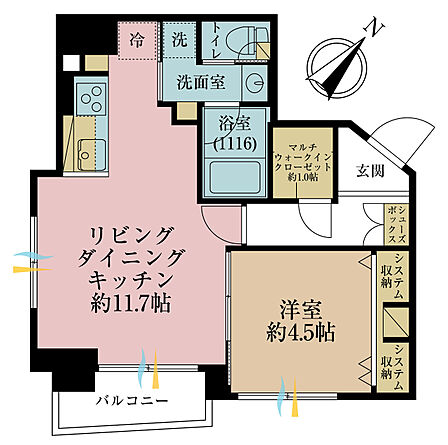 1LDK、専有面積40.45平米、バルコニー面積2.90平米