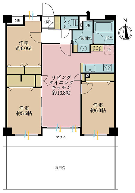 3ＬＤＫ、専有面積66．87平米、テラス面積7．63平米、専用庭面積25．2平米