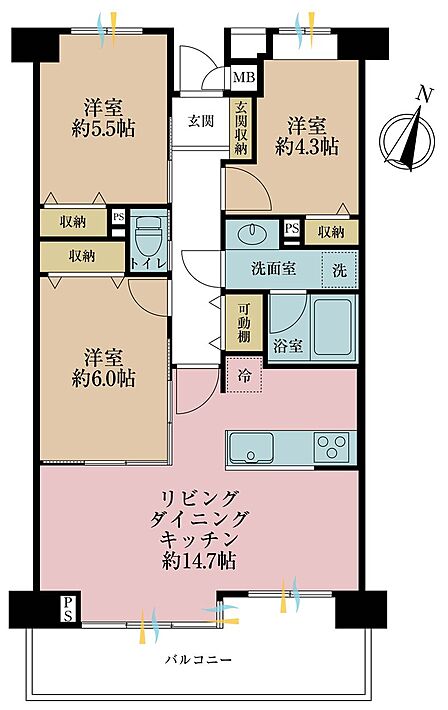 3ＬＤＫ、専有面積65．71平米、バルコニー面積10．45平米