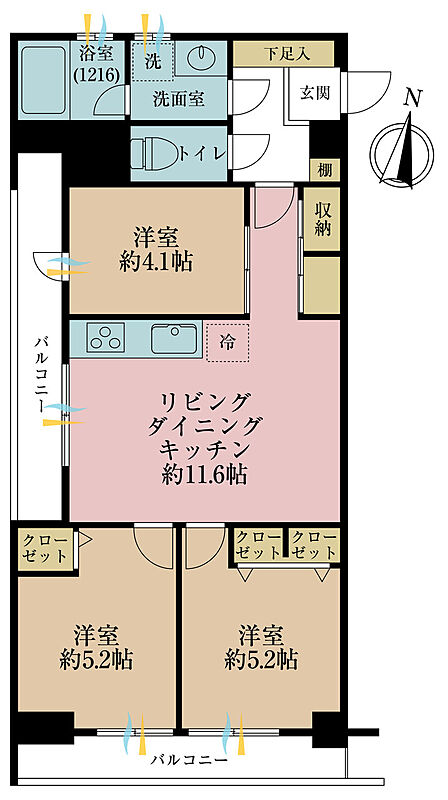 3LDK、専有面積59.14平米、バルコニー面積9.74平米