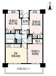 UR都市機構ひばりが丘パークヒルズ6-6号棟 3DKの間取図画像