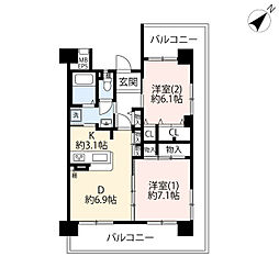 UR都市機構ひばりが丘パークヒルズ5-5号棟 2DKの間取図画像