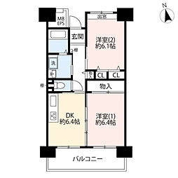 UR都市機構ひばりが丘パークヒルズ5-1号棟 2DKの間取図画像