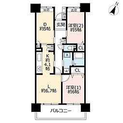 UR都市機構ビューコート小港9号棟 2LDKの間取図画像