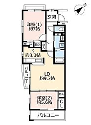 UR都市機構コンフォール滝ノ上3号棟 2LDKの間取図画像