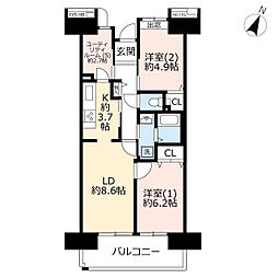 UR都市機構ビューコート小港9号棟 2LDKの間取図画像