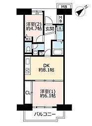 UR都市機構プラザシティ相模大野9号棟 2DKの間取図画像