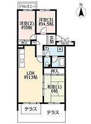 UR都市機構さがみ野さくら1号棟 3LDKの間取図画像