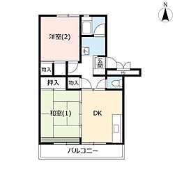 サンヴァリエ平塚13号棟 2DKの間取図画像